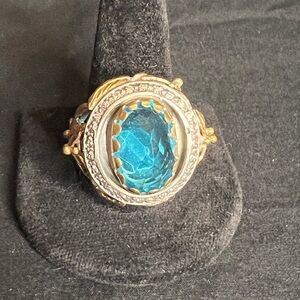 Turquoise Size 12.75 Rhinestone Gold & Silver Toned Ring Floral Leaves Costume